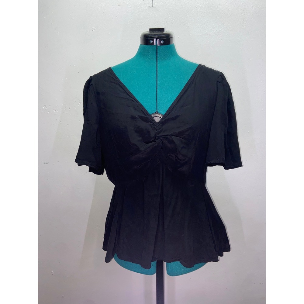A New Day Black V-Neck Flutter Sleeve Knot Front Fairy Peplum Blouse Tie Back M